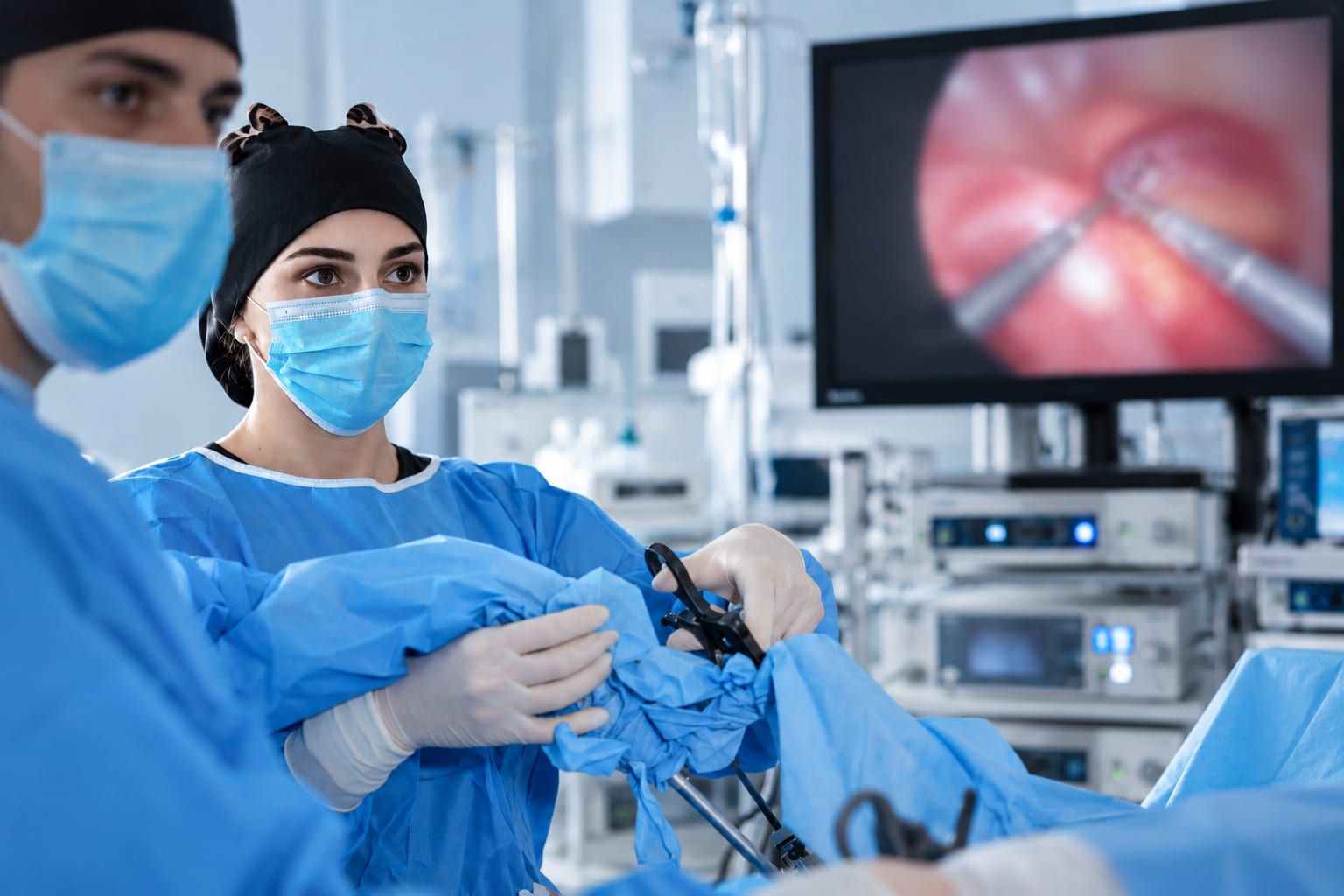 A surgical team during a video-assisted endoscopic operation, with the image shown on a monitor