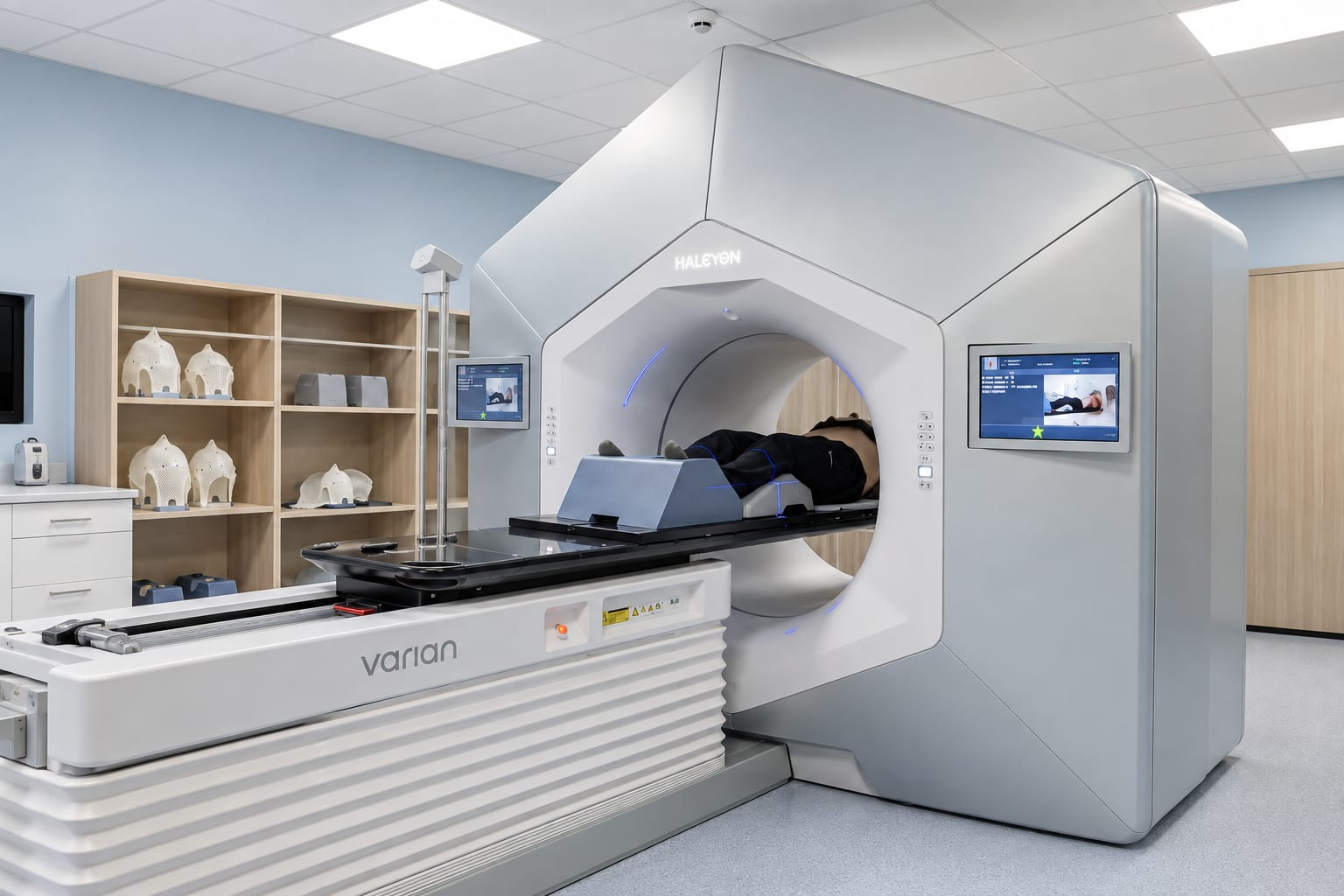 Varian Halcyon linear accelerator, with a patient on the table before a radiation session